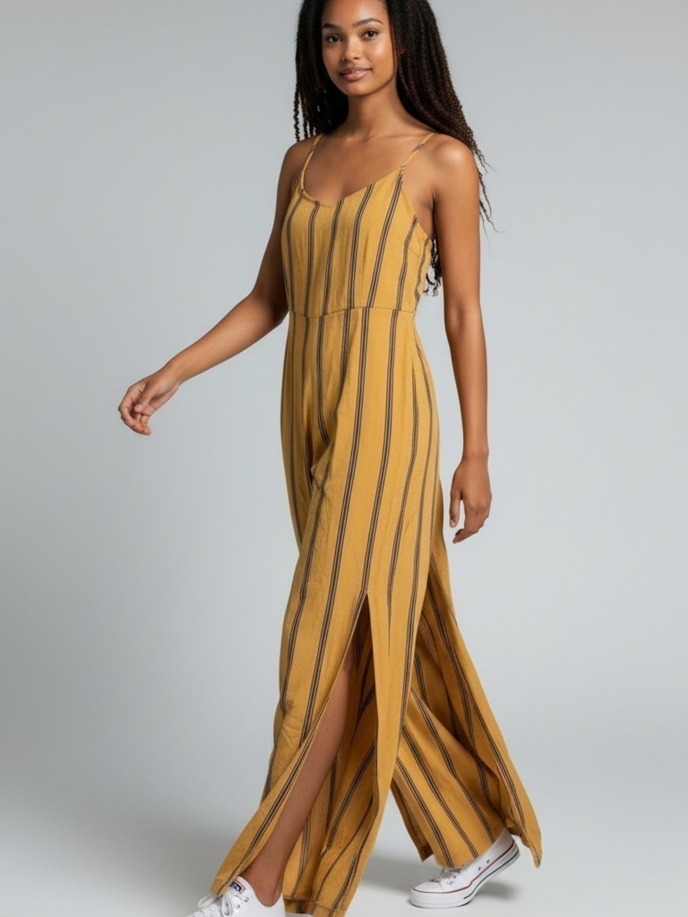 Mustard Striped Maxi Dress with Side Slits